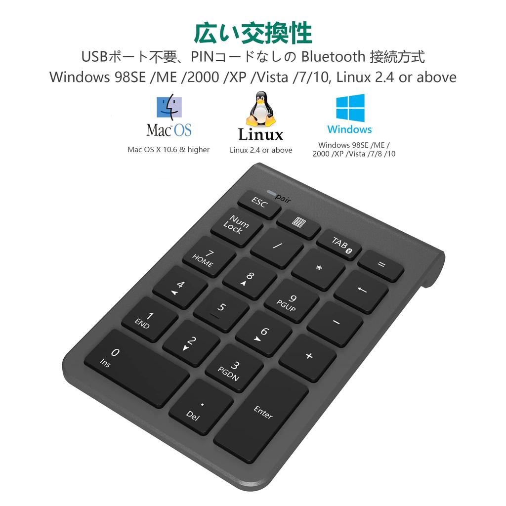 Wireless Bluetooth Numeric Keypad, Multi-Device Compatible, with Tab Key, Ultra-Slim, Compatible with Windows, iOS, and Linux, Portable, Space Gray
