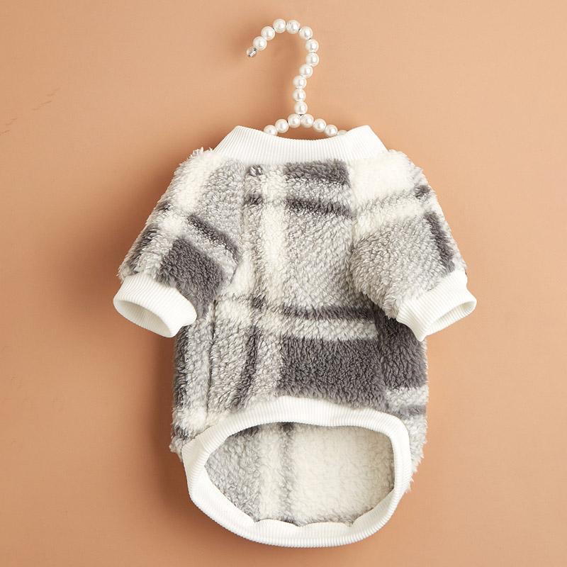 Pet Clothes Small Medium Dog Autumn And Winter Plush Hoodie Gray Plaid Costume Kitten Round Neck Clothes Comfortable Sweatshirt