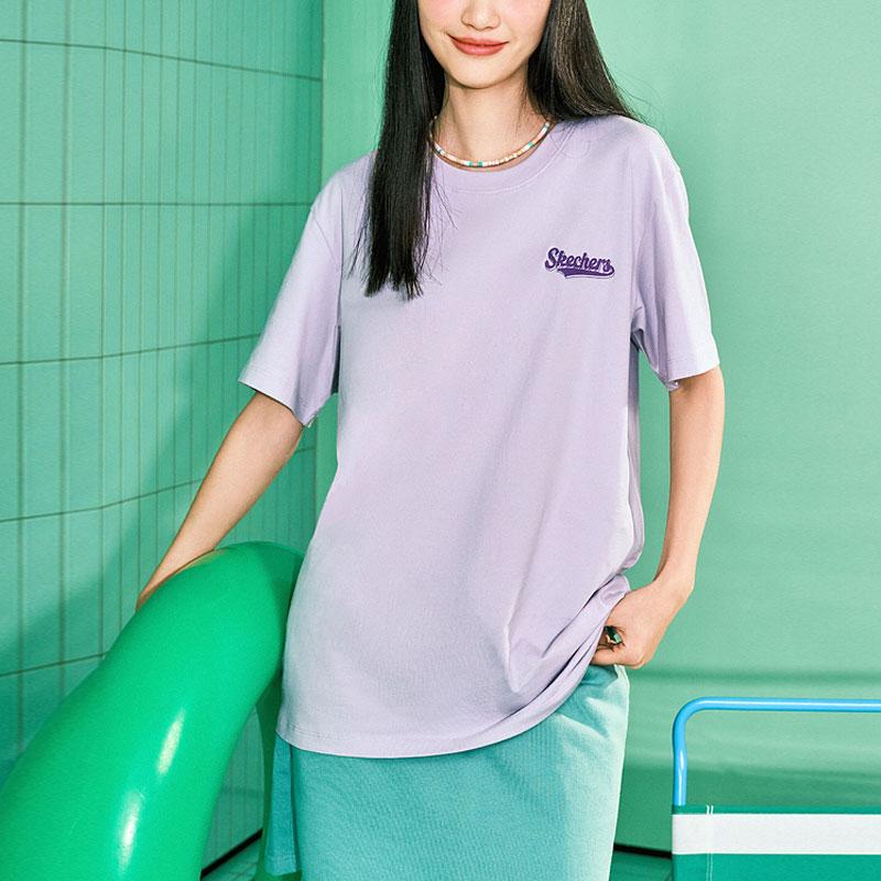 Skechers Letter Print American Retro Sports Casual Quick-Dry Round Neck Short Sleeve T-Shirt Unisex Tops Orchid-Purple L224U080-01X5