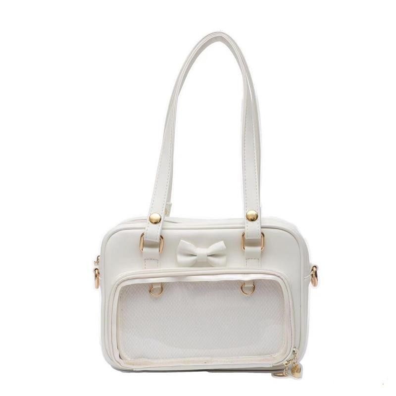 

JIAERDI Sweet Bow Black Ladies Ita Bag Square Leather Tote Bag Women Harajuku Large Capacity Transparent Shoulder Bag Y2k 2025 26x19x7cm білий