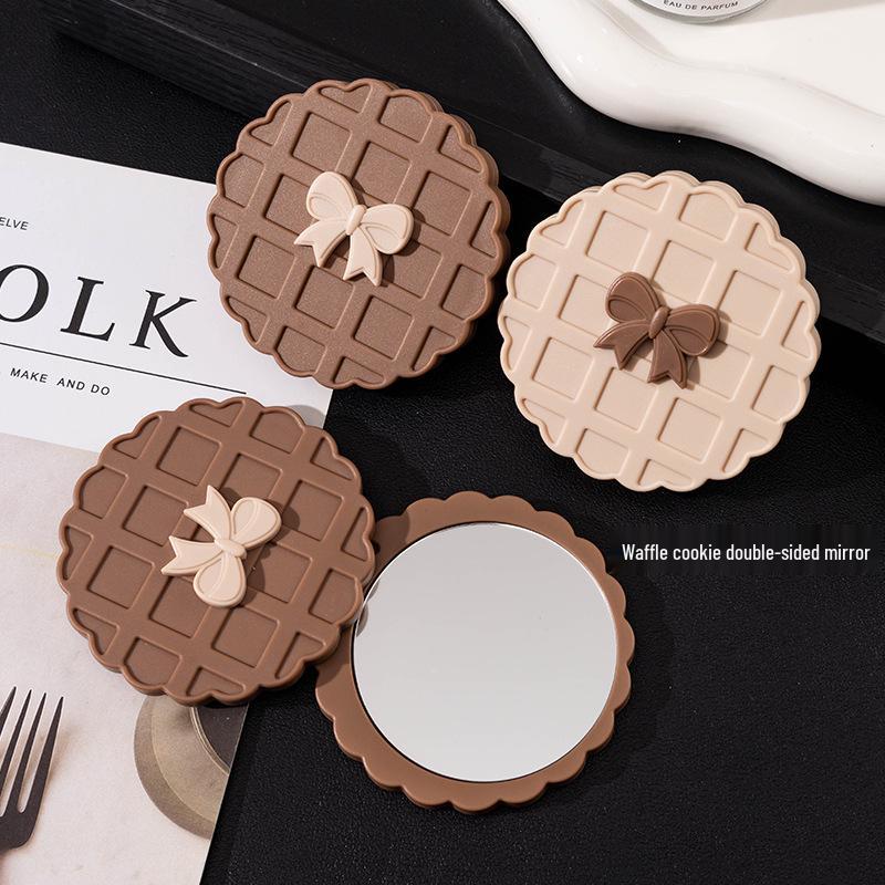 Cute Brown Waffle Portable HD Mirror for Women - Rotating Small Round Makeup Mirror