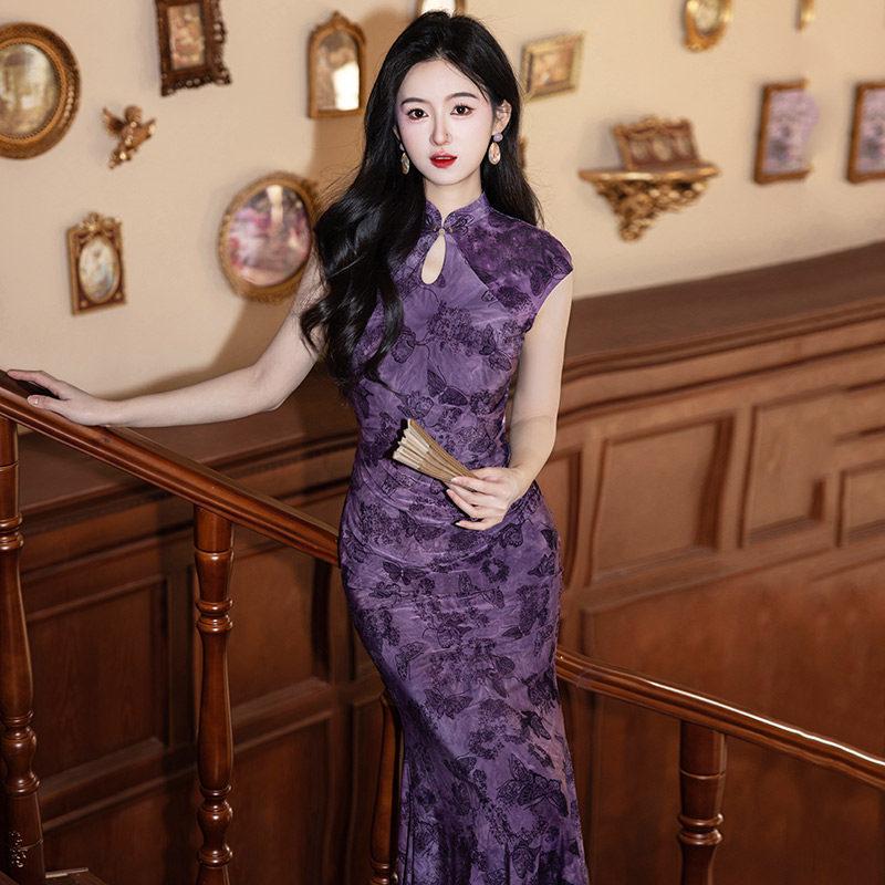 Purple fishtail national style new Chinese sleeveless long cheongsam improved young 1011 new women's high-end dress
