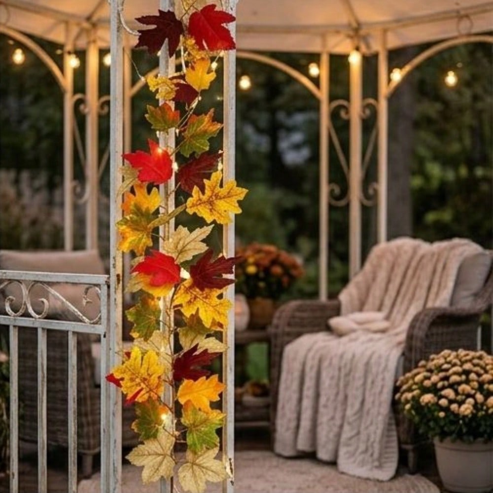 2Pcs Fall Artificial Maple Leaf Wreath—Harvest Festival, Thanksgiving, and Halloween Decorations; Artificial Maple Leaves and Vine; Outdoor Garden
