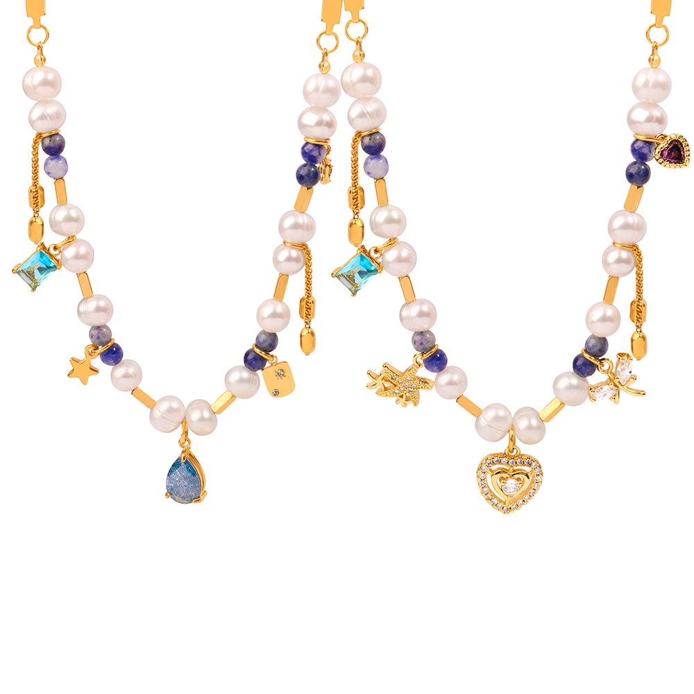 European-American Court Style Gold-Plated Titanium Necklace with Freshwater Pearls & Natural Stone Beads