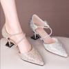 Pearl Rhinestone Bag Head Medium High Heel Sandals Women's Thick Heel 2024 Summer New Fashion Wrap Bag Heel Large Size Women's Shoes