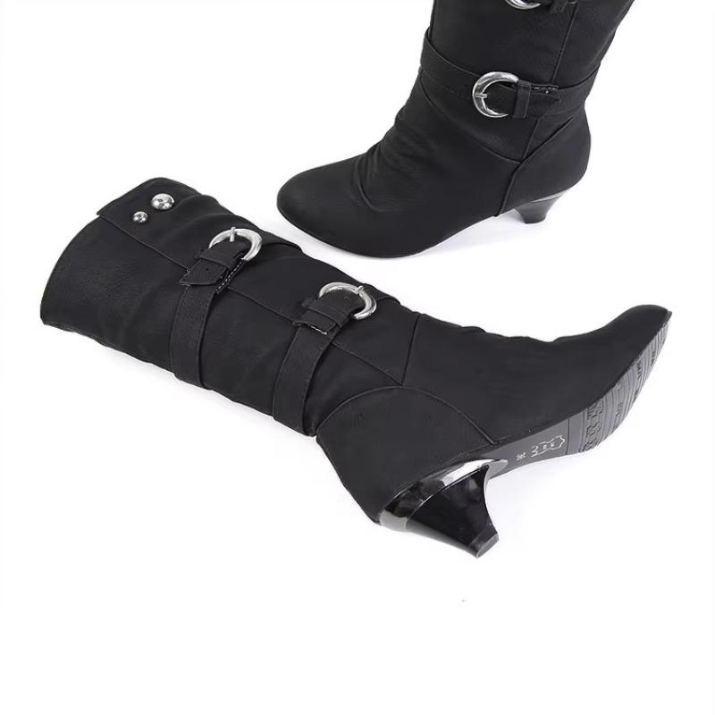 Modne Damskie Buty Na Grubej Podstawie Codzienne Okrągły Nosek Buty Jesień Zima Do Połowy Łydki Damskie Klamra