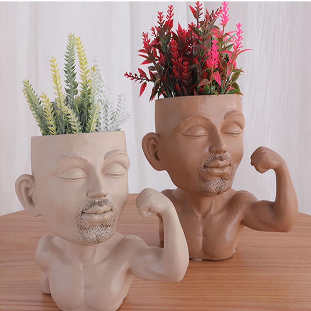 Men Face Flower Pot Multifunctional Drainage Hole Design Resin Bodybuilder Muscle Man Face Flower Pot