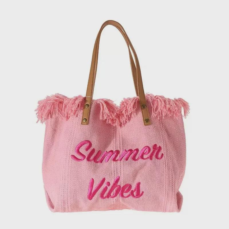 Women's Large Capacity Canvas Tote with Embroidered Letters - Braided Beach & Shoulder Handbag
