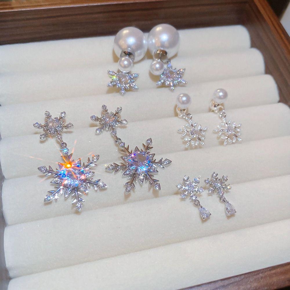 Náušnice Křišťálové Sněhové Vločky Lehký Luxus Drahokam Zirkon Visací Náušnice Nový Rok