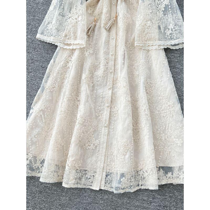French style Elegant Heavy Industry Crochet Embroidery Waist Hugging Stand Collar Single-Breasted Wooden Ear Patchwork Bell Sleeve Long Dress