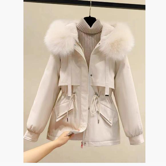 

Плюшевая Утепленная Куртка Женская Короткая Свободного Кроя Большого Размера Пуховик Осень и Зима С Капюшоном Повседневная Утепленная Куртка S бежевый