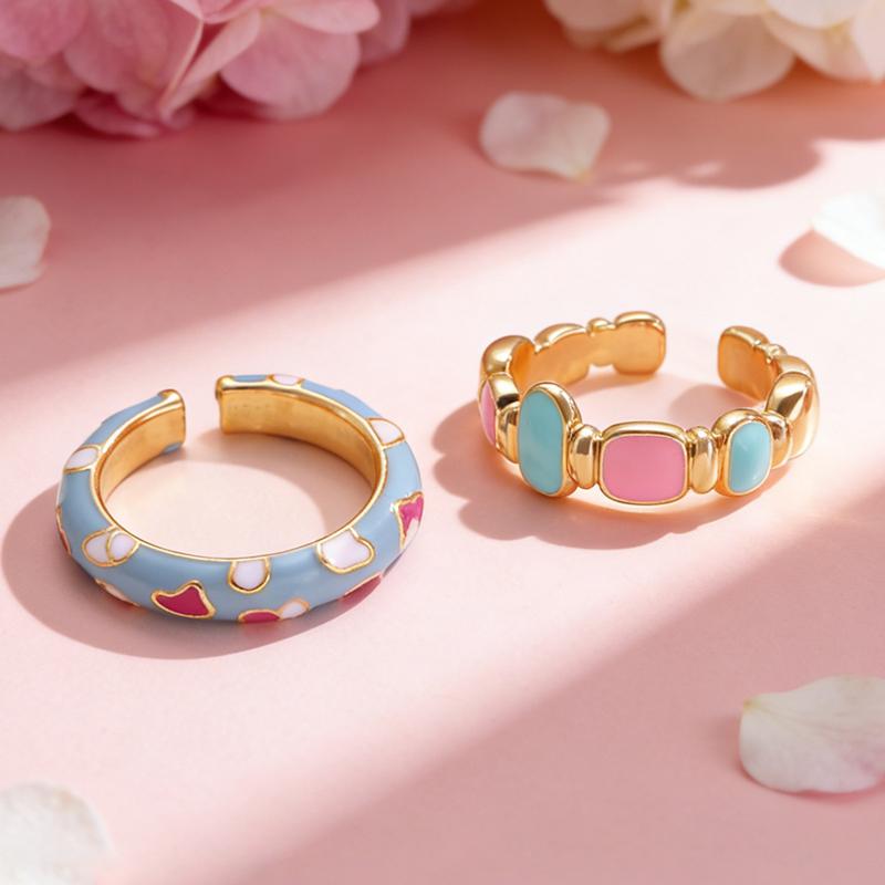 2Pcs Enamel Cute Drip Oil Irregular Open Rings for Women Girls Niche Geometric Chic Finger Ring Set Romantic Jewelry Accessories