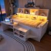 Children's Bed 90×200 Cm, Desk With Storage And Sockets, LED Light Strip And Multi-level Shelves, Single Bed Made Of Solid Wood, Youth Bed, White