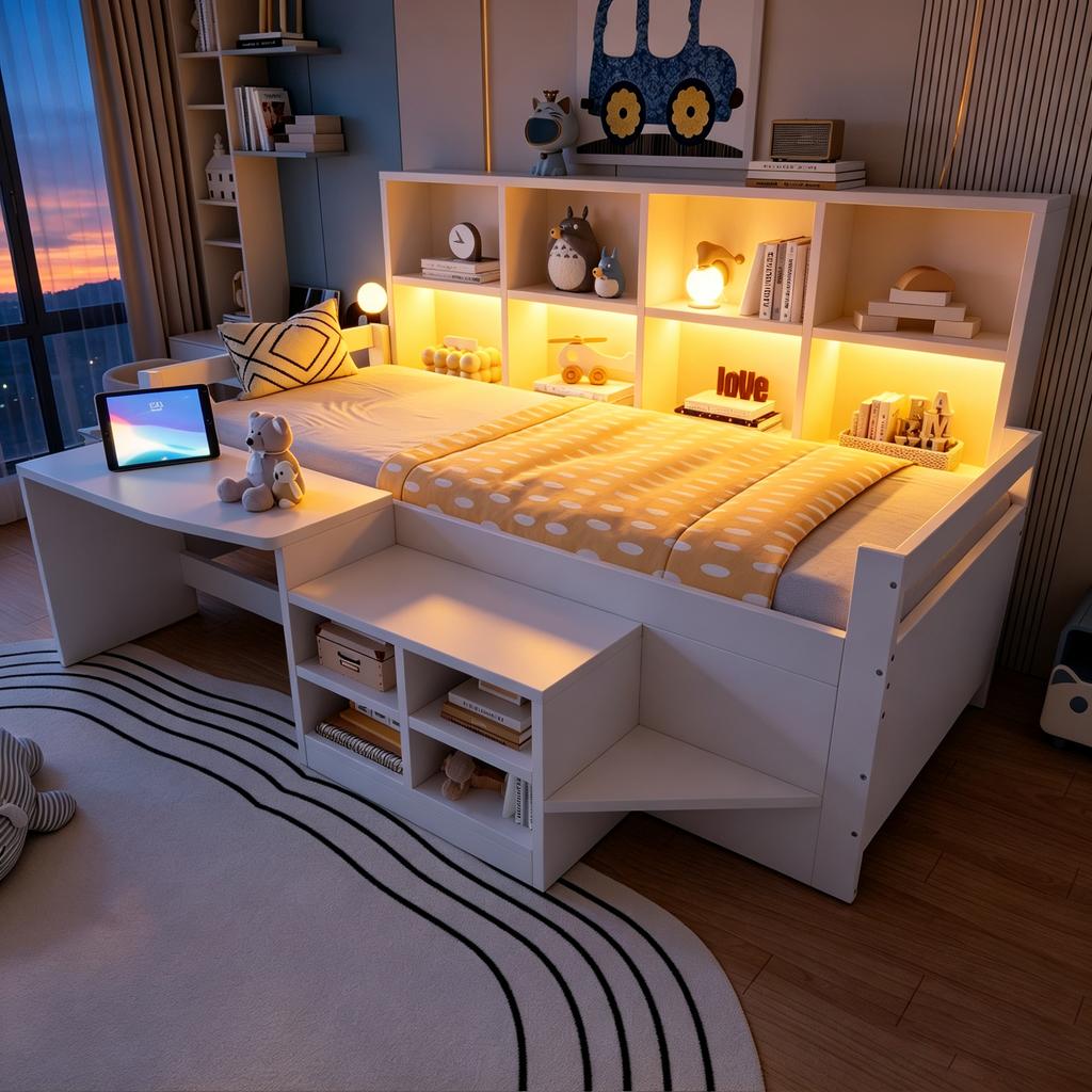 Children's Bed 90×200 Cm, Desk With Storage And Sockets, LED Light Strip And Multi-level Shelves, Single Bed Made Of Solid Wood, Youth Bed, White