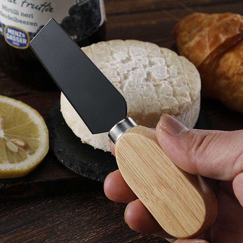 Cross-Border Cheese & Fruit Knife Set: Black Cheese Knife, Butter Spreader, Fork with Rubberwood Handle.