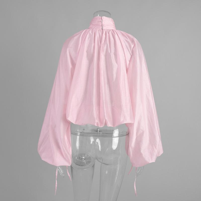 Talenza Spring Pink Blouses Women'S Fashion High-Neck Ruffled See-Through New Shirt Casual Loose Chic Commuter Female Shirt Top