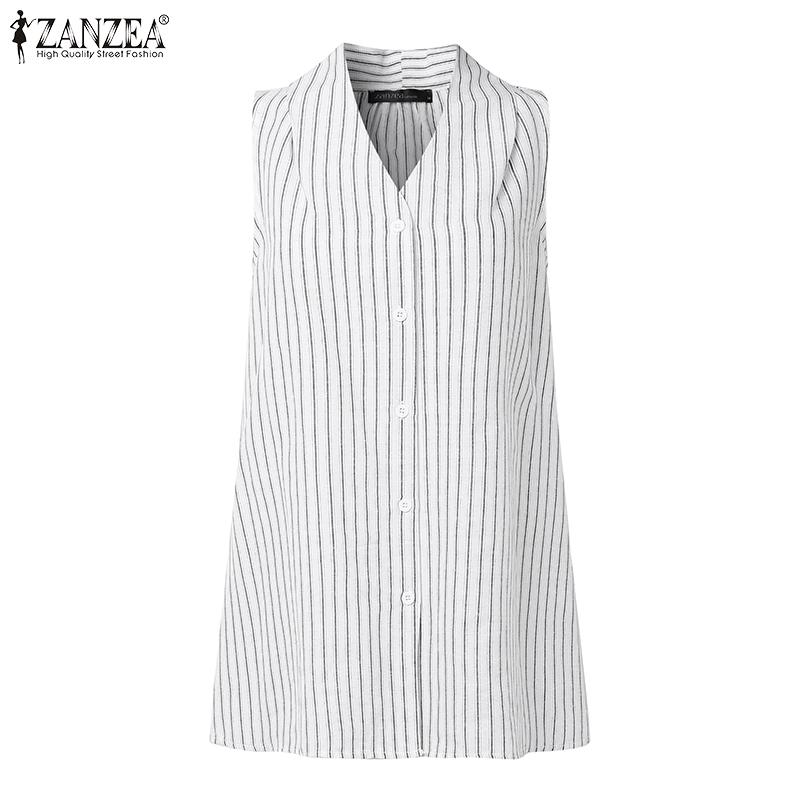 

ZANZEA Женские блузки без рукавов с V-образным вырезом, полосатые, на пуговицах, майки 3XL белый