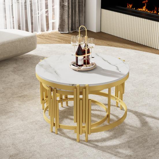 Sofa Side Table Modular Coffee Set, Marble Look, Golden Metal Frame, Round Tea Tables in Two Sizes, Nesting Table, Set of 2