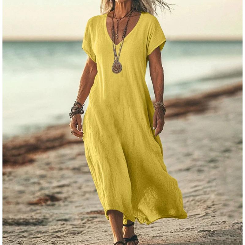 YYFS Women's Fashion Summer Spring Solid Color Print Short Sleeve V-Neck Loose Waistlinet Casual Dresses