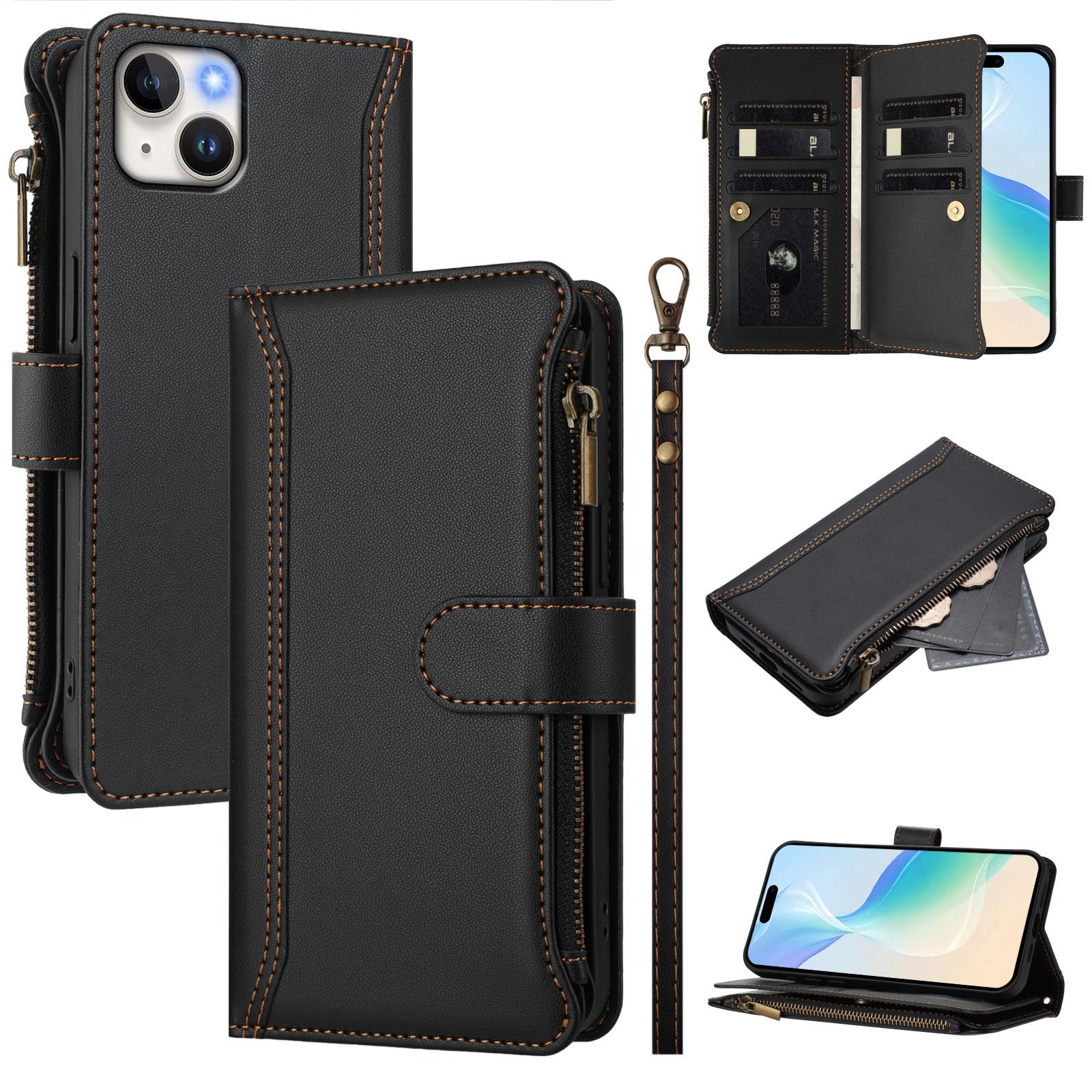 

For iPhone 15 Plus Leather Case 9 Card Slots Zipper Wallet Stand Phone Cover with Wrist Strap Black