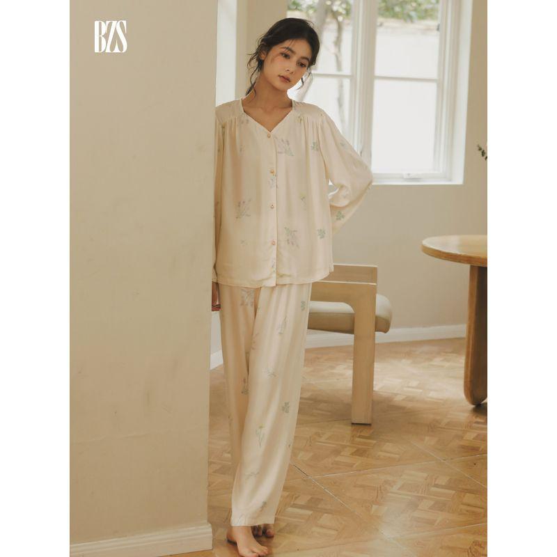 2024 Summer Tribute Satin Print Early Autumn Plaid Pajamas Fresh Spring and Autumn Home Wear Women's V Neck Soft Long-Sleeve Suit