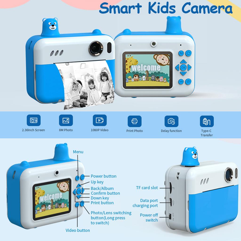 Kids Instant Print Camera Kids Camera 1080P Digital Camera for Kids 2.36 Inch IPS Screen Dual Lens Built In Battery