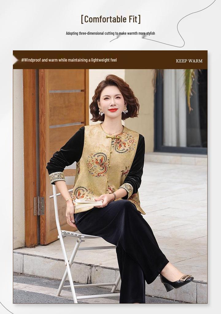 Elegant Jacquard Embroidered Gold Velvet Vest Set for Middle-Aged Women - Chinese Style Spring/Autumn Wear