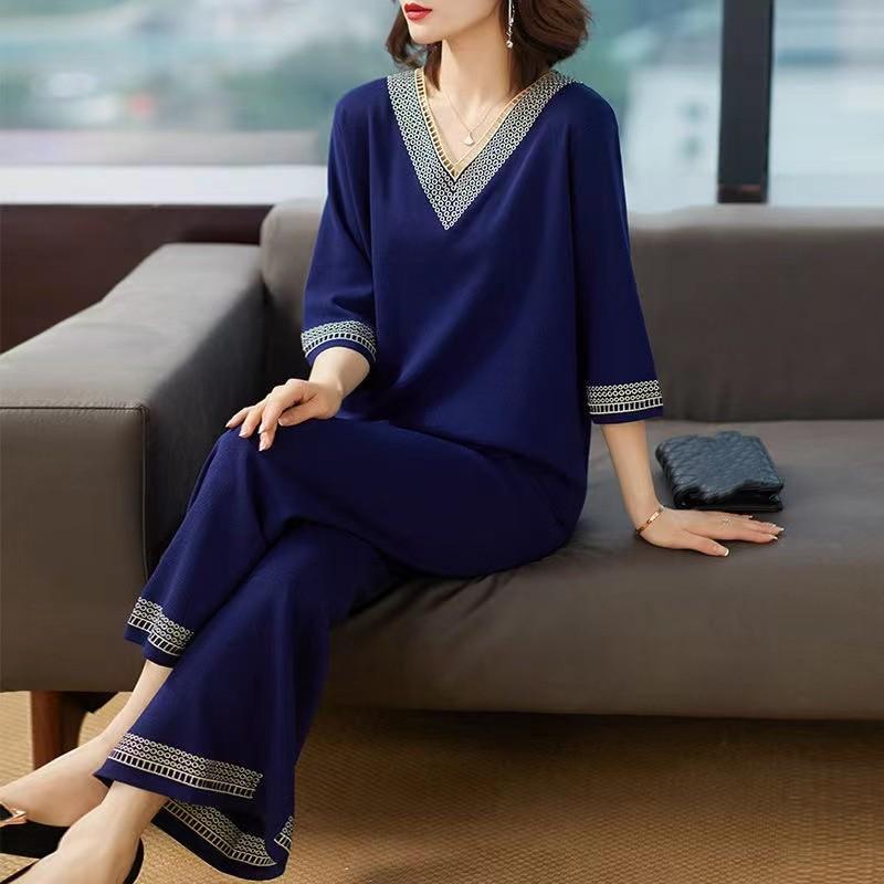 Sports Street Summer Plus Size Middle-aged Loose Wide-leg Pants Fashion Casual Two-piece Women's Suit