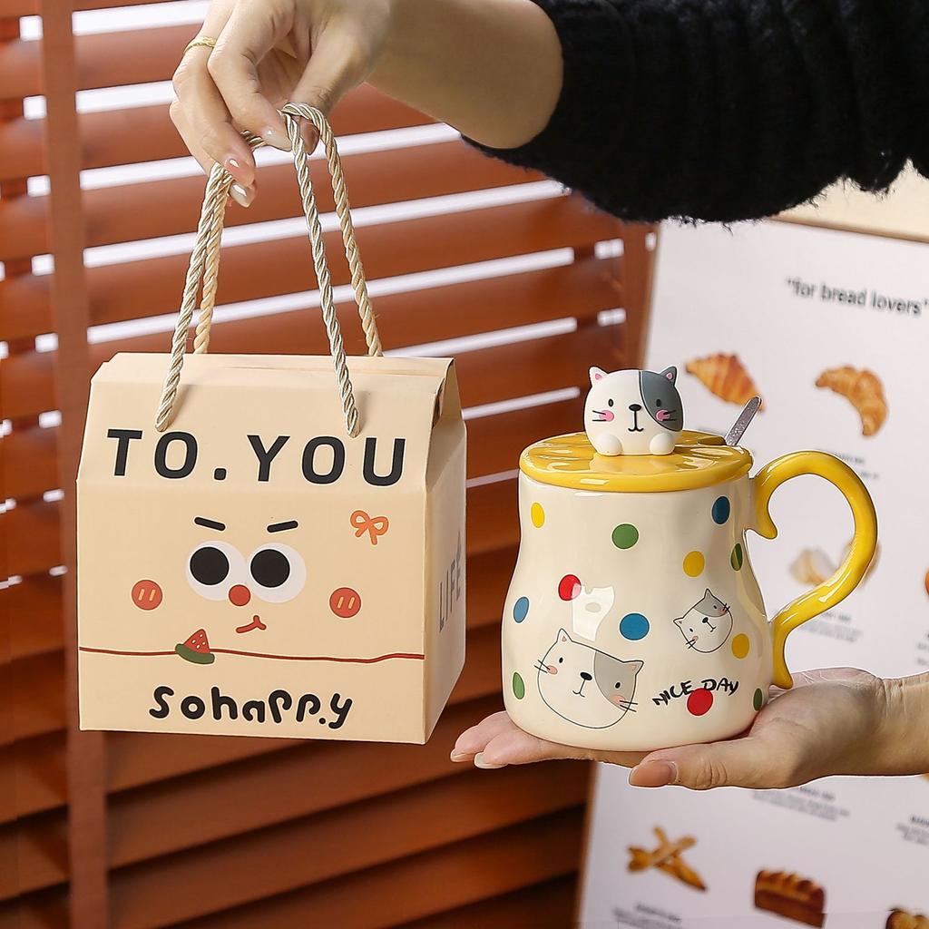 Cutie de transport cu buline, animale cu capac, lingură, ceașcă ceramică, set de uz casnic, suvenir, cană pentru cupluri, cană de apă de mare valoare