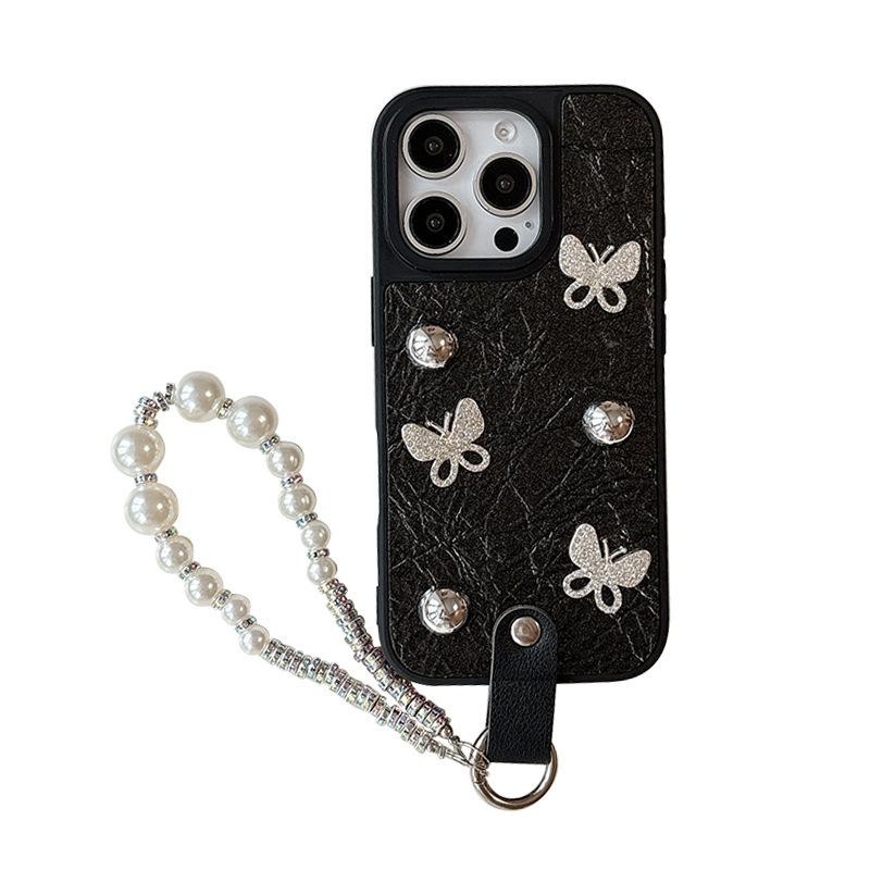 Silver Bead Bow for IPhone 16 Mobile Phone Case 14 Protective Cover for IPhone 17 Promax Pearl Bracelet 15