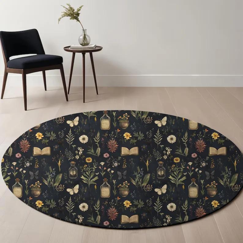 Round Botanical Floral Rug with Wildflower Print In Soft Pastel Colors Boho Nature Inspired Carpet for Living Room Bedroom Decor