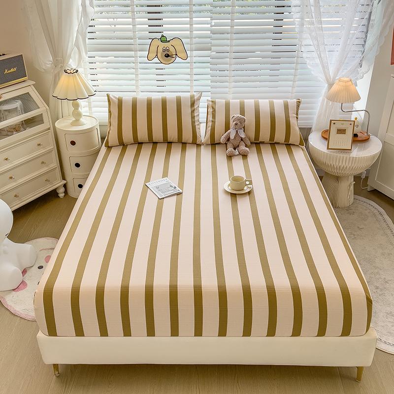 3pcs Grey Striped Cotton Fitted Sheet, Set Adult Kid Teen Bedroom Thickened Bedding with 2 Pillowcases, Geometric Line Bed Cover