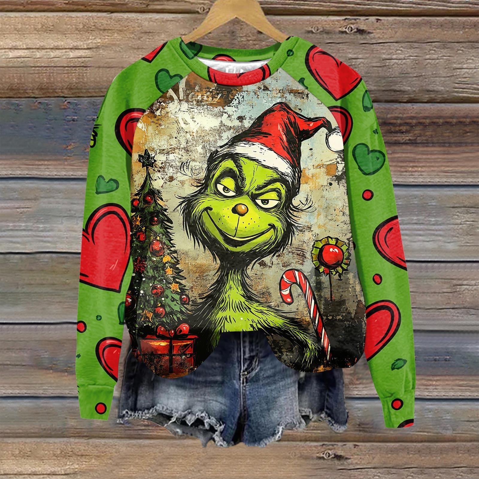 

Женская мода повседневная толстовка с длинным рукавом и принтом рождественского Гринчмаса с круглым вырезом и реглан XXXL