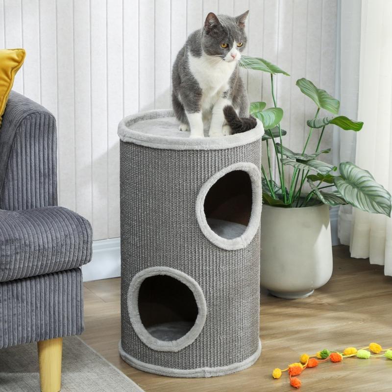 Scratching barrel, 60 cm high, Ø 35 cm, two-story cat barrel with 2 caves, plush rim, for 1-2 cats up to 5 kg, light grey