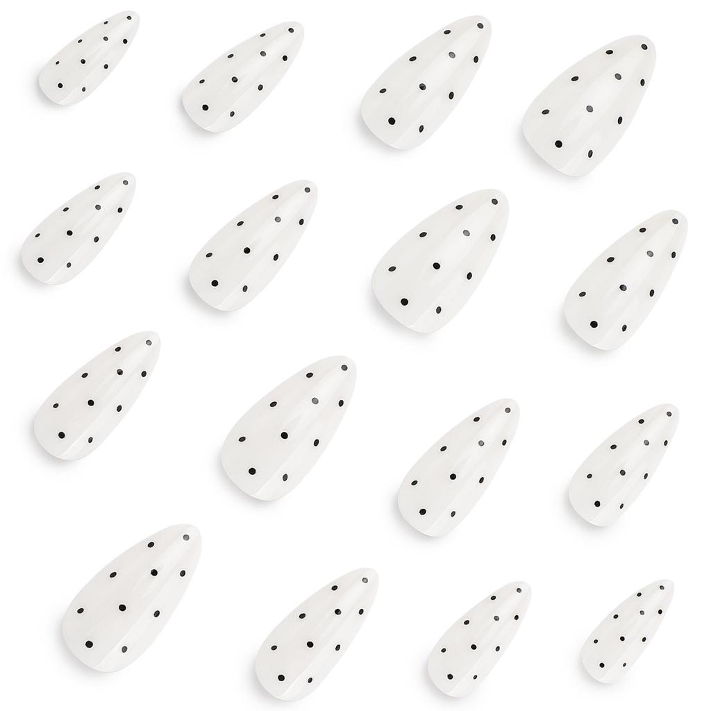 Le Fan Meijia Black Polka Dot Almond Shape Wearable False Nails.