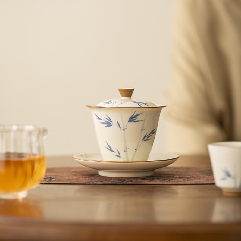 150ml Hand-painted Persimmon Bamboo Cover Bowl Household Anti Scald Gaiwan Handmade Tea Tureen Tea Making Tea Cup Tea Items