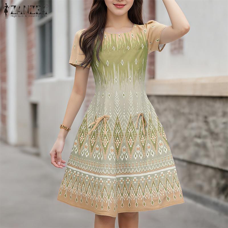 ZANZEA Women Summer Round Neck Short Sleeve Casual Print Elegant Dress