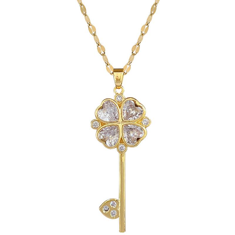 Flower Key Light Luxury Temperament Gorgeous Full Diamond Necklace Female Versatile Collarbone Chain Titanium Steel Chain