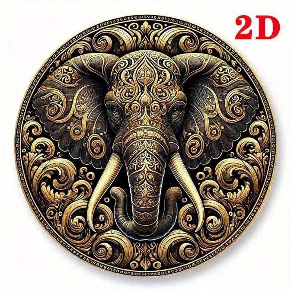 Vintage Golden Elephant Round Aluminum Wall Art Floral Geometric Decor