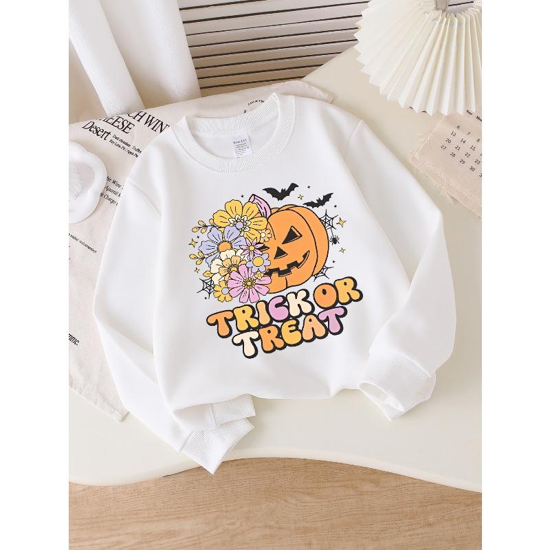 Girls for Halloween Crew Neck Sweatshirt, Pumpkin Floral Trick Or Treat Design, Fun Print Kids Autumn Clothing