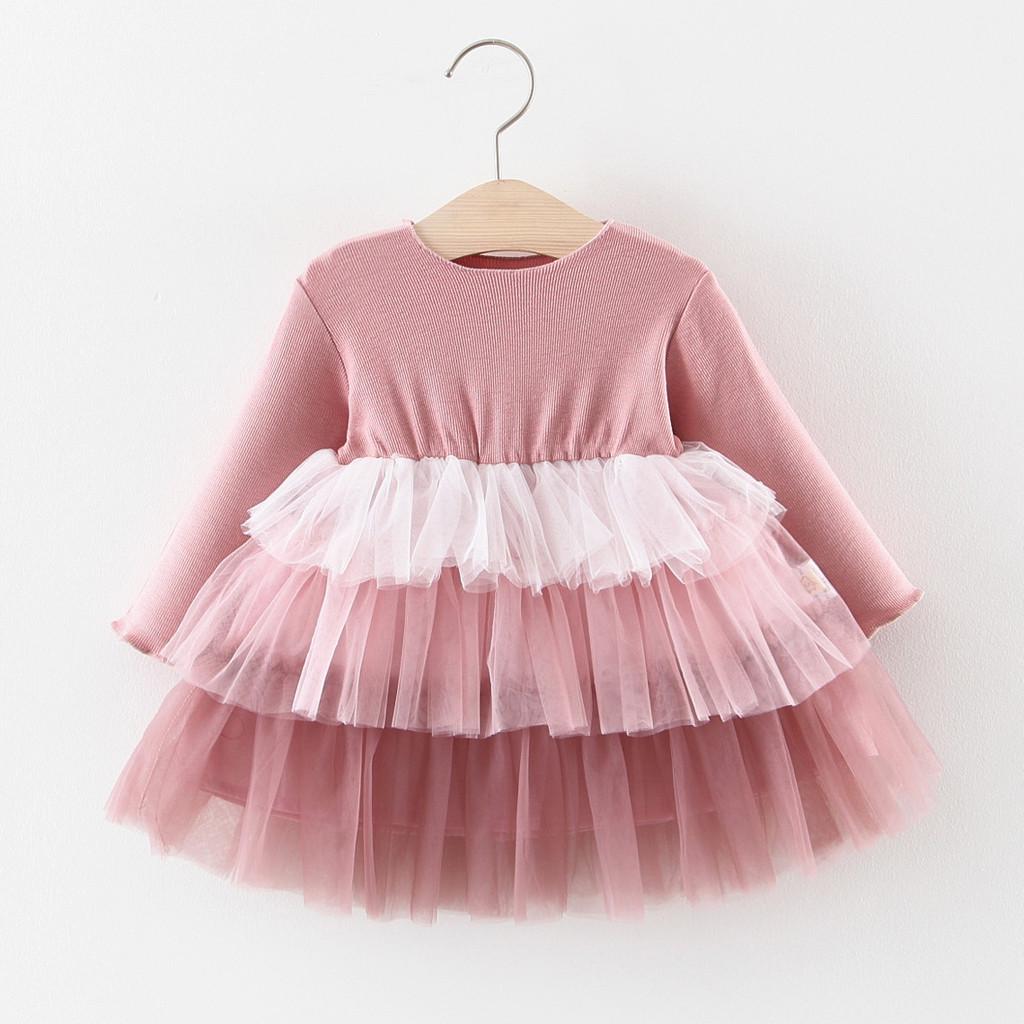 

Малыш Детские Дети Девочки Длинные рукава Ruffles Tulle патчворк платье Одежда