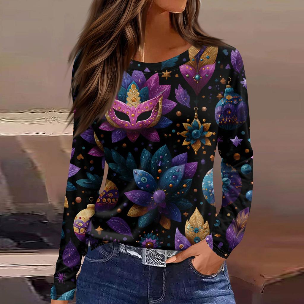Women's Fashionable Casual Neck Long Sleeve Hem Split Carnival Print T-Shirt Top