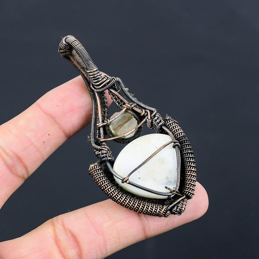 Natural Sage Amethyst, Labradorite Gemstone Copper Wire Wrap Pendant 3.15" K3O09