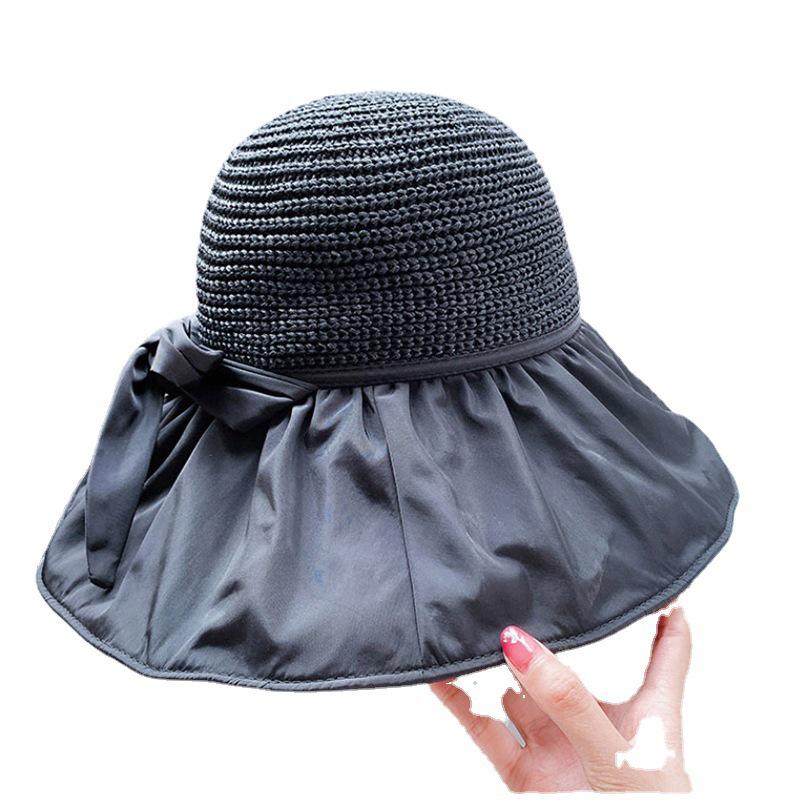 Women's Full-Coverage Summer Sun Hat with Bowknot - Versatile Black Sunscreen Bucket Hat