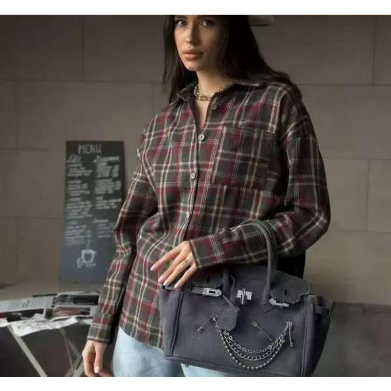 DAFIFY  Women's Fashion Casual Spring Autumn Plaid Print Long Sleeve POLO Neck Blouses & Shirts