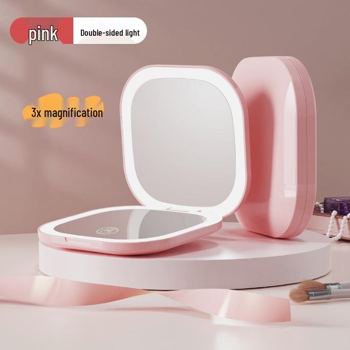 Compact Rechargeable Cosmetic Bag with LED and Foldable Handheld Makeup Mirror for Female Students
