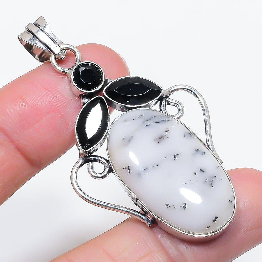 Natural Dendrite Opal, Spinel 925 Sterling Silver Jewelry Pendant 2.36" O0m70