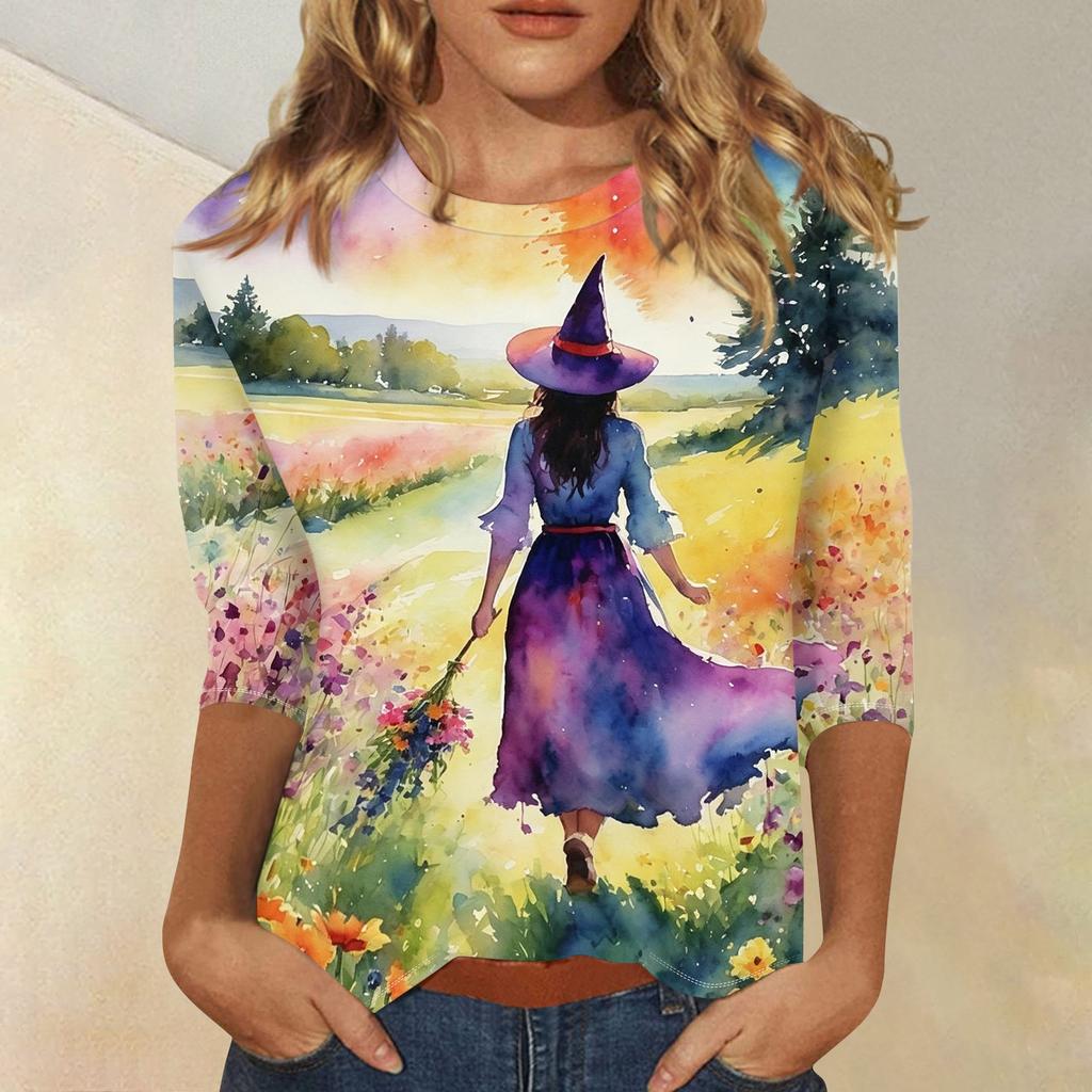 Women's Fashion Casual 3/4 Sleeve Halloween Print Neck Blouse
