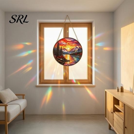 Wall Hanging Landscape Art Stained Glass Style Suncatcher, Mountain Sunset Window Ornament, Colorful Sunrise Decor Sun Catcher for Home Garden,
