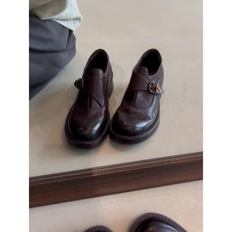 Sheepskin Version~ British Style Thick-soled Belt Buckle One-pedal Small Leather Shoes Women's Commuter Style Leather Deep-mouth Loafers